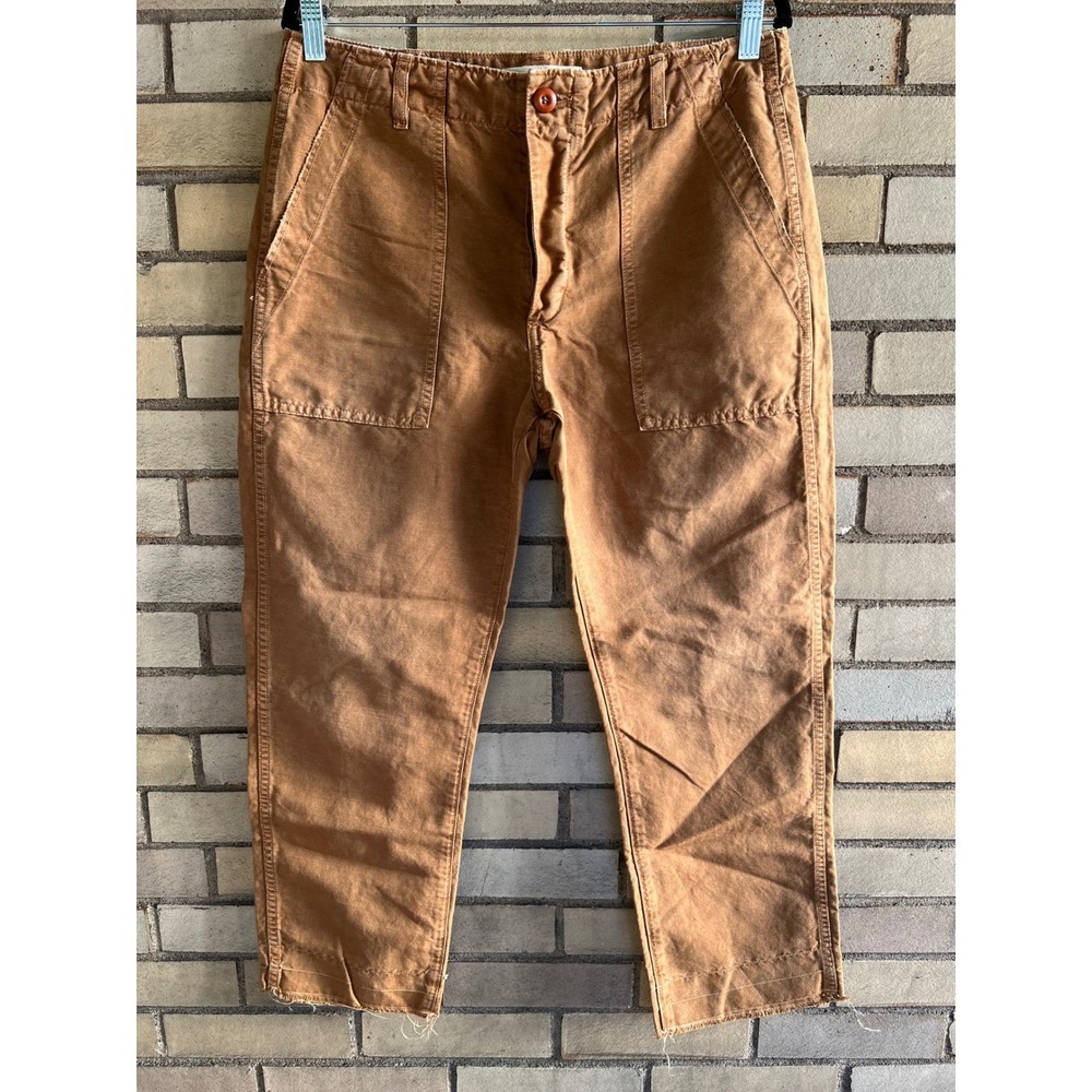 AMO Army Babe Tobacco Brown Linen Cotton Utility Pants Button Fly Size 30 / 10
